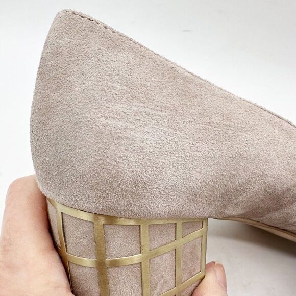 Brian Atwood‎ Karina Taupe Suede Block Heel Pumps With Gold Grid Heel Design 10 - Picture 6 of 16
